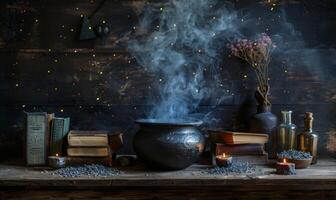 A witches' brew bubbling in a cauldron with spell books and potion bottles around, leaving space above for copy photo