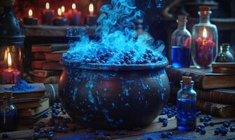 A witches' brew bubbling in a cauldron with spell books and potion bottles around, leaving space above for copy photo