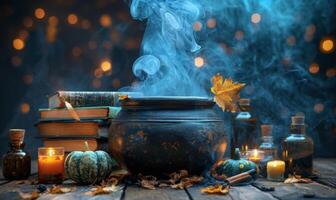 A witches' brew bubbling in a cauldron with spell books and potion bottles around, leaving space above for copy photo