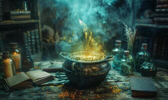 A witches' brew bubbling in a cauldron with spell books and potion bottles around, leaving space above for copy photo