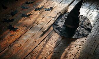 A witch's hat and broomstick lying on a wooden floor with shadows of bats, with plenty of space above for a message photo