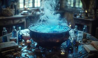 A witches' brew bubbling in a cauldron with spell books and potion bottles around, leaving space above for copy photo