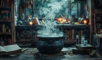 A witches' brew bubbling in a cauldron with spell books and potion bottles around, leaving space above for copy photo