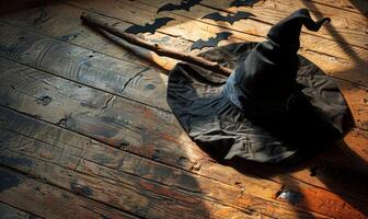 A witch's hat and broomstick lying on a wooden floor with shadows of bats, with plenty of space above for a message photo