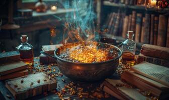 A witches' brew bubbling in a cauldron with spell books and potion bottles around, leaving space above for copy photo