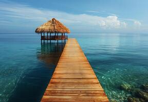 A wooden pier extending over the calm sea, leading to a thatched roof gazebo photo