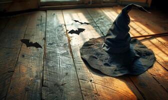 A witch's hat and broomstick lying on a wooden floor with shadows of bats, with plenty of space above for a message photo