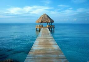 A wooden pier extending over the calm sea, leading to a thatched roof gazebo photo