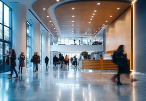 Abstract view of a busy office reception area with people moving in the background photo