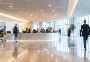 Abstract view of a busy office reception area with people moving in the background photo