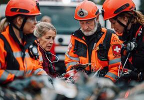 An emergency medical team providing first aid at the scene of an accident photo