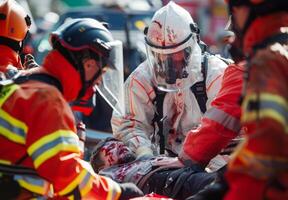 An emergency medical team providing first aid at the scene of an accident photo