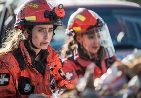 An emergency medical team providing first aid at the scene of an accident photo
