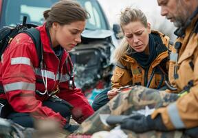 An emergency medical team providing first aid at the scene of an accident photo