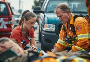An emergency medical team providing first aid at the scene of an accident photo