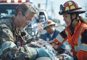 An emergency medical team providing first aid at the scene of an accident photo