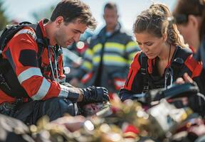 An emergency medical team providing first aid at the scene of an accident photo
