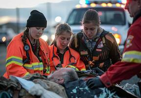 An emergency medical team providing first aid at the scene of an accident photo