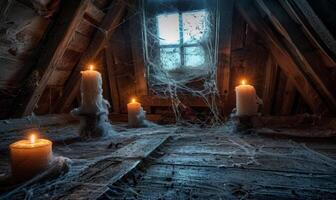 An old, cobweb-filled attic with flickering candles and mysterious shadows, with empty space on the left for text photo