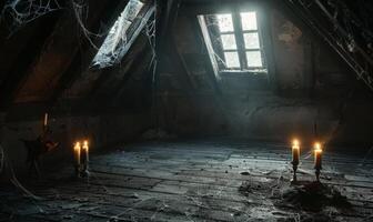 An old, cobweb-filled attic with flickering candles and mysterious shadows, with empty space on the left for text photo