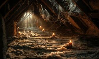 An old, cobweb-filled attic with flickering candles and mysterious shadows, with empty space on the left for text photo
