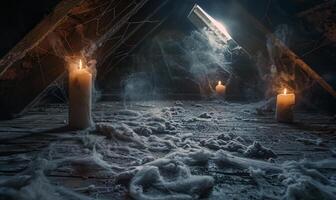 An old, cobweb-filled attic with flickering candles and mysterious shadows, with empty space on the left for text photo