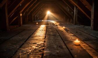 An old, cobweb-filled attic with flickering candles and mysterious shadows, with empty space on the left for text photo