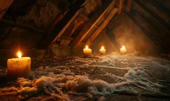 An old, cobweb-filled attic with flickering candles and mysterious shadows, with empty space on the left for text photo
