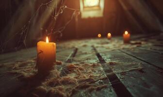 An old, cobweb-filled attic with flickering candles and mysterious shadows, with empty space on the left for text photo