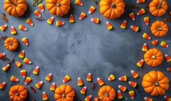 Flat lay of Halloween treats, candy corn, and mini pumpkins surrounding a blank space for text photo