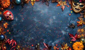 Flat lay of Halloween party supplies, such as masks, confetti, and eerie lighting, with copy space in the middle photo