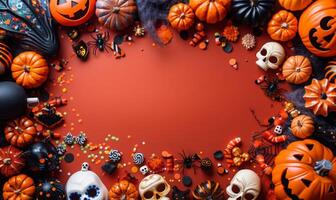 Flat lay of Halloween party supplies, such as masks, confetti, and eerie lighting, with copy space in the middle photo