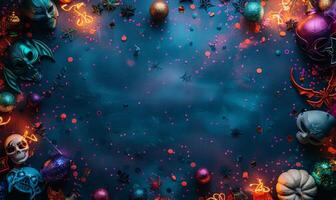 Flat lay of Halloween party supplies, such as masks, confetti, and eerie lighting, with copy space in the middle photo