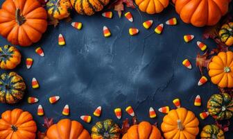 Flat lay of Halloween treats, candy corn, and mini pumpkins surrounding a blank space for text photo