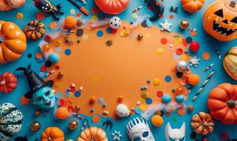 Flat lay of Halloween party supplies, such as masks, confetti, and eerie lighting, with copy space in the middle photo