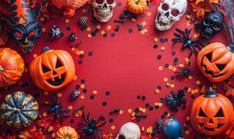 Flat lay of Halloween party supplies, such as masks, confetti, and eerie lighting, with copy space in the middle photo