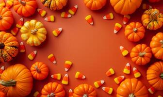 Flat lay of Halloween treats, candy corn, and mini pumpkins surrounding a blank space for text photo