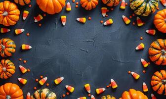Flat lay of Halloween treats, candy corn, and mini pumpkins surrounding a blank space for text photo