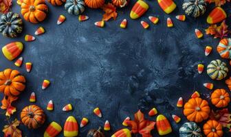 Flat lay of Halloween treats, candy corn, and mini pumpkins surrounding a blank space for text photo