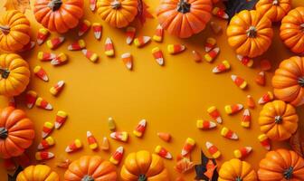 Flat lay of Halloween treats, candy corn, and mini pumpkins surrounding a blank space for text photo