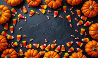Flat lay of Halloween treats, candy corn, and mini pumpkins surrounding a blank space for text photo
