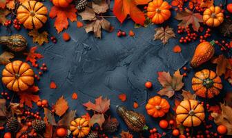 Halloween flat lay of autumn foliage, mini gourds, and spooky trinkets surrounding a blank space for text photo