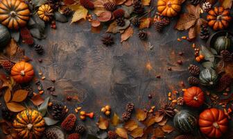 Halloween flat lay of autumn foliage, mini gourds, and spooky trinkets surrounding a blank space for text photo