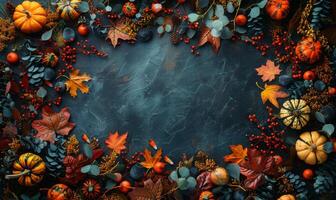 Halloween flat lay of autumn foliage, mini gourds, and spooky trinkets surrounding a blank space for text photo