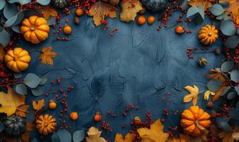 Halloween flat lay of autumn foliage, mini gourds, and spooky trinkets surrounding a blank space for text photo