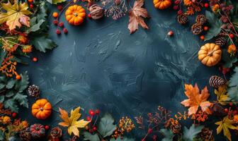Halloween flat lay of autumn foliage, mini gourds, and spooky trinkets surrounding a blank space for text photo