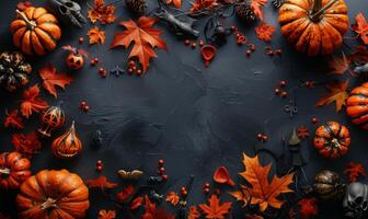 Halloween flat lay of autumn foliage, mini gourds, and spooky trinkets surrounding a blank space for text photo