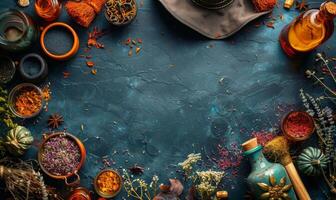 Halloween flat lay scene with witch's hat, broomstick, and potions, leaving a clear space in the center photo