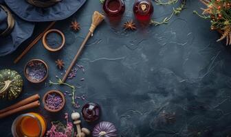 Halloween flat lay scene with witch's hat, broomstick, and potions, leaving a clear space in the center photo