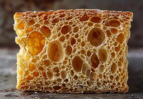 Magnified image of the porous texture of a slice of bread photo
